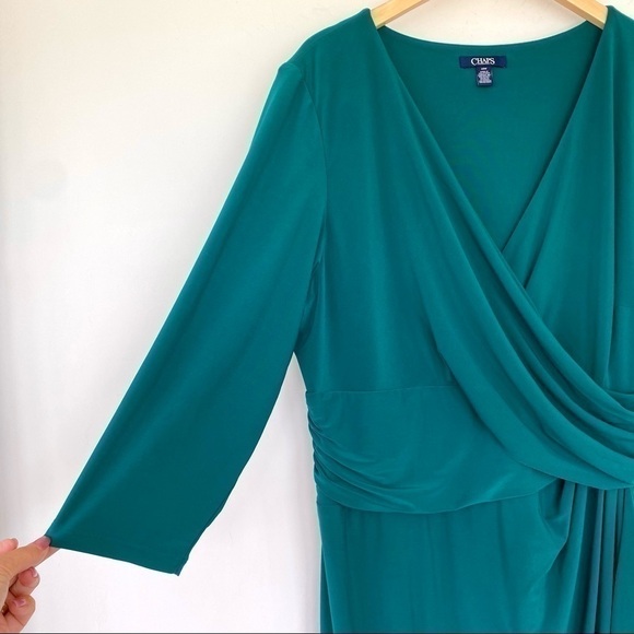 Chaps faux wrap midi dress, surplice top and ruched waist,  stretch, plus size - Picture 9 of 14